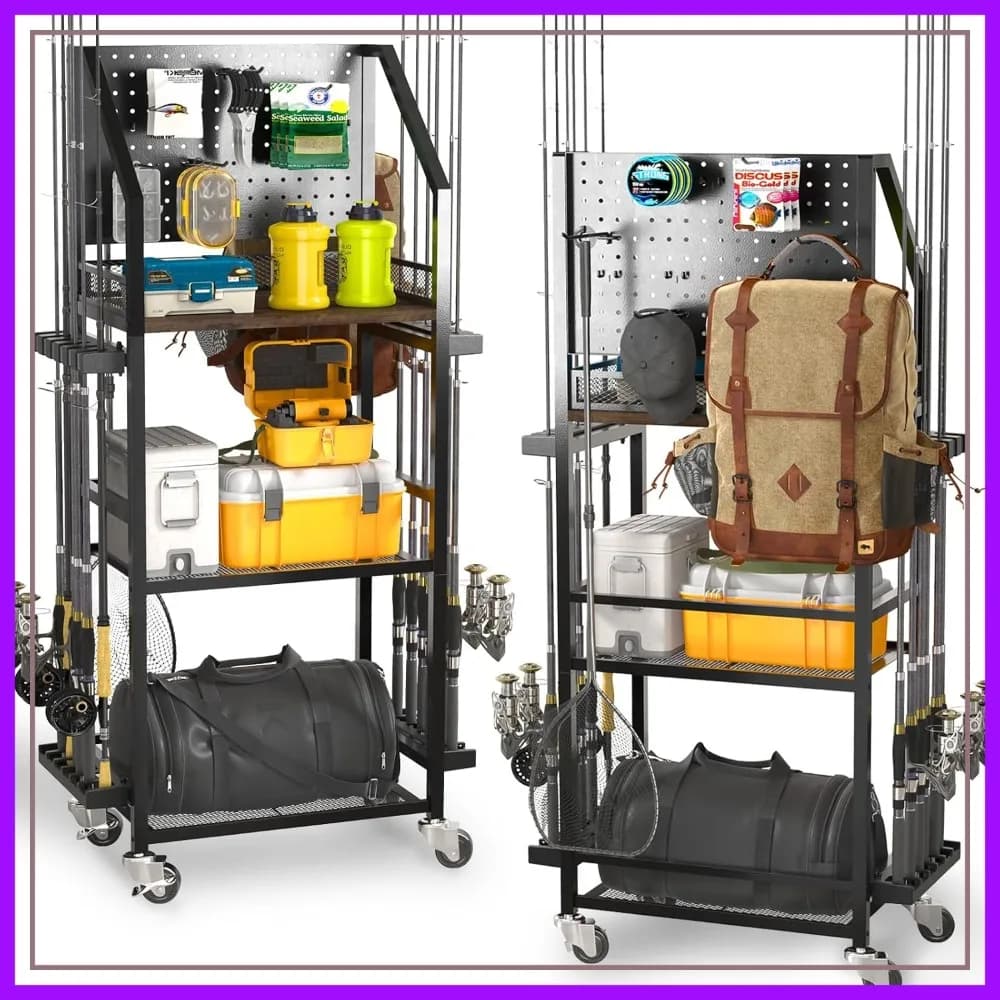 Carrello Portacanne da Pesca a 3 Livelli con Pannello Forato, Ruote Bloccabili, 10 Ganci, Contiene 12 Canne, Carrello Portaoggetti da Garage