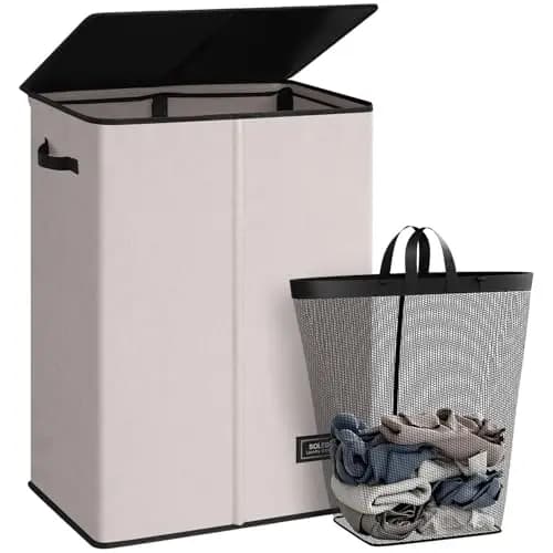 Cesto per Bucato SOLEDI con Coperchio, 130L Grande e Alto, Pieghevole, con Sacca Rimovibile, Facile da Trasportare