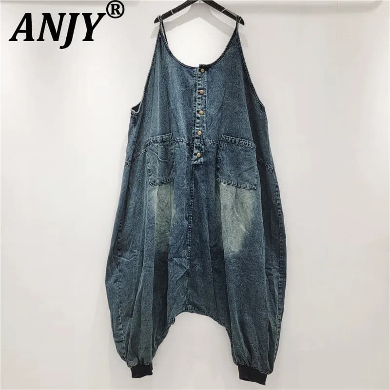 ANJY Autunno Nuove Donne Salopette Distressed Denim Tasche Casual Gamba Larga Harem Pantaloni Larghi Alla Moda Vintage Streetwear Jeans A10153