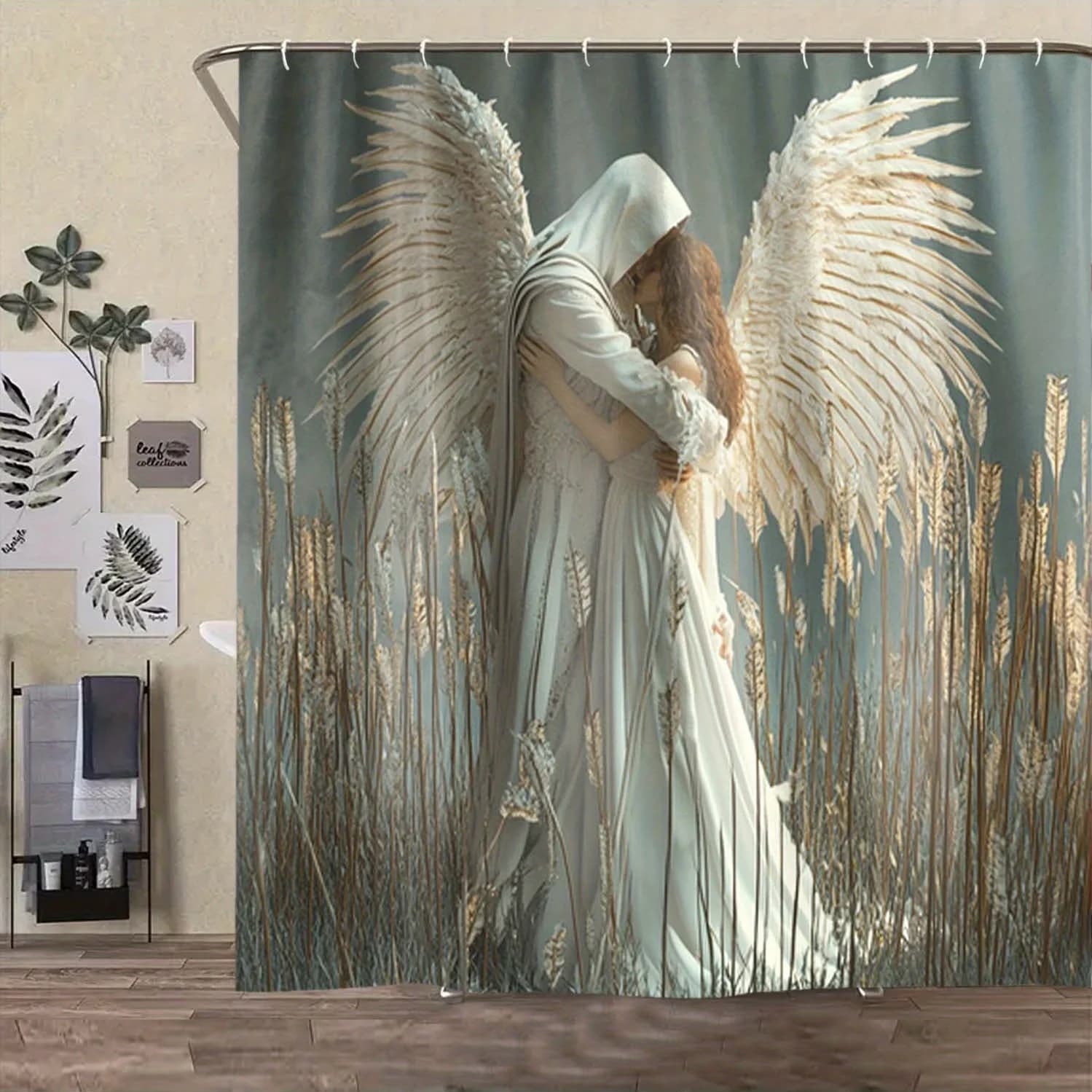 Tenda da doccia impermeabile resistente al muffa con angelo romantico - Design etereo per l'arredamento del bagno celeste
