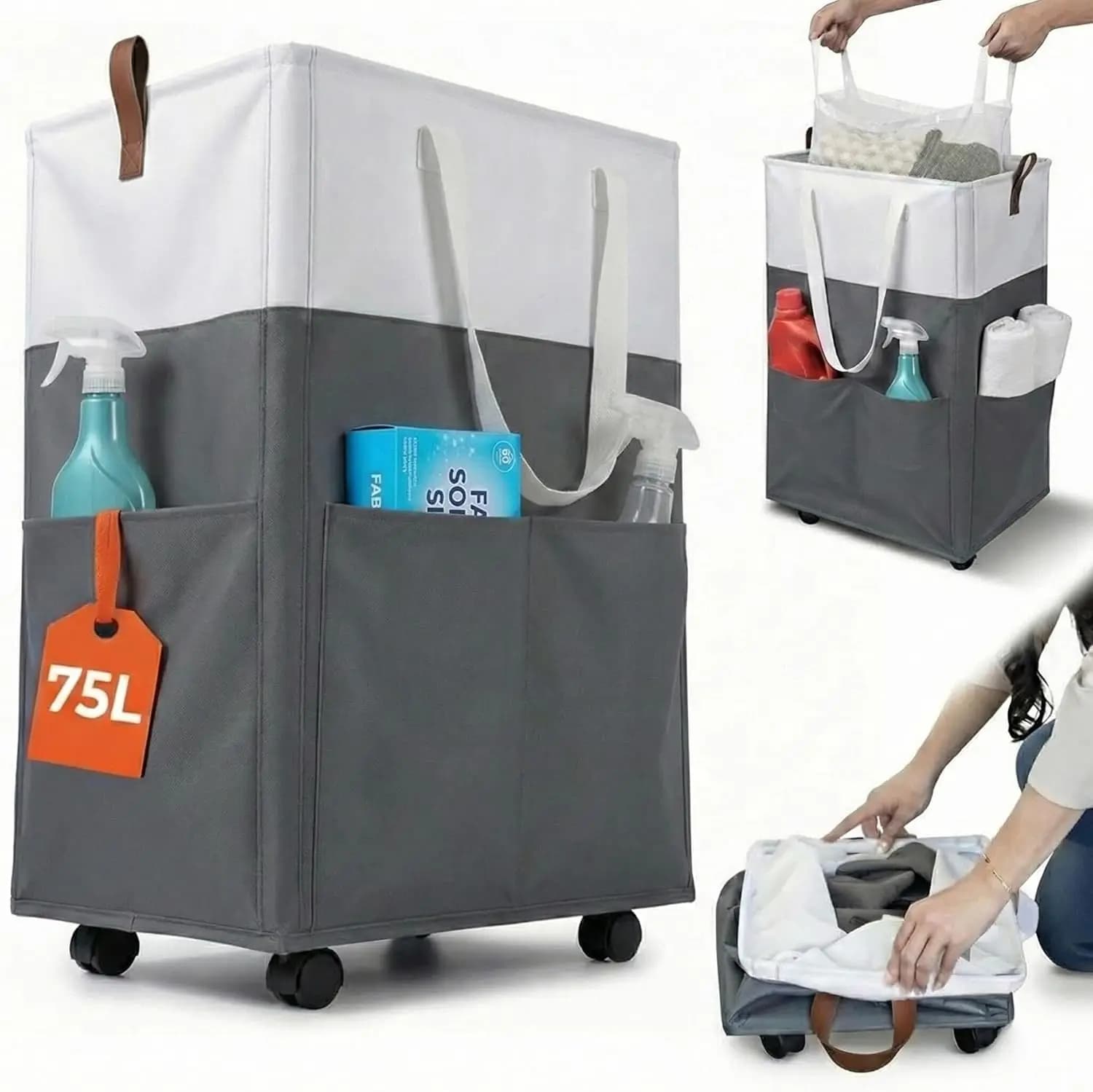 Cesto Portabiancheria Pieghevole con Ruote, Cesto Sottile da 75L con Sacca Rimovibile e Tasche Laterali, Salvaspazio per Camera da Letto, Bagno, Dormitorio