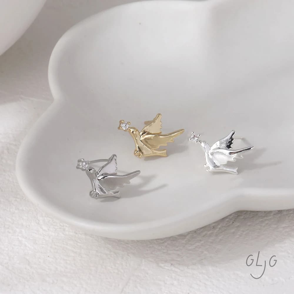 2 Paia di Orecchini a Perno con Zirconi Placcati in Oro 14K, Delicati Motivi a Forma di Uccello e Piccione, Accessori per Creazione di Gioielli Fai-da-Te