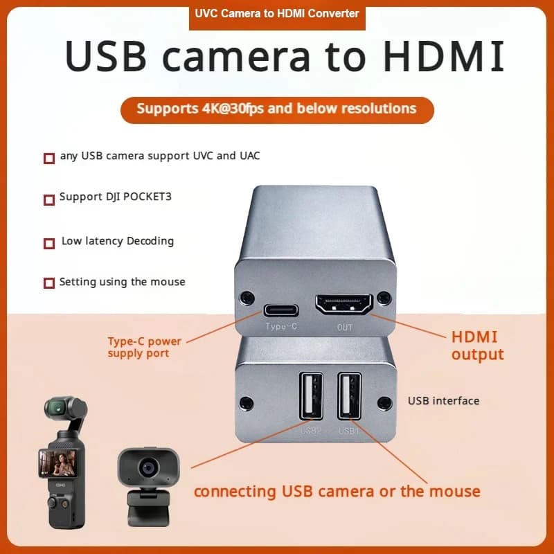4K UVC USB Camera To HDMI Converter for DJI Pocket 3 4 Action 5 Pro 6 To Video Capture Card Live Streaming Switcher / TV Monitor