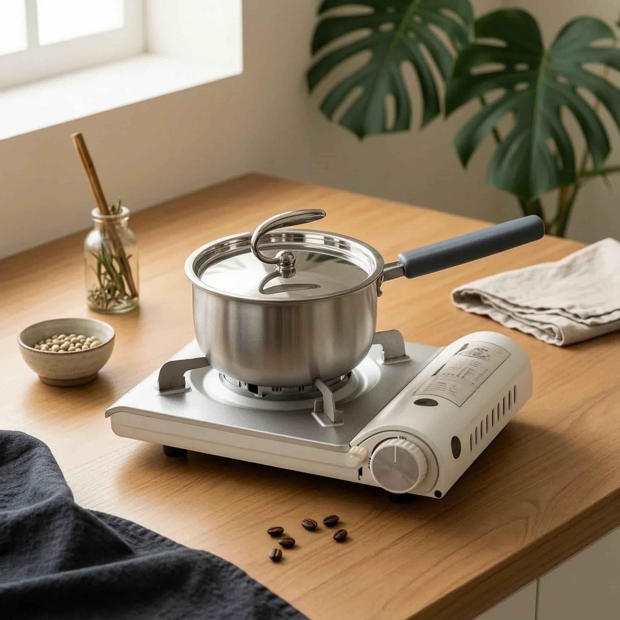 Easy to Clean Milk Pot with Lid Triple-layer Steel Small Saucepan Brushed Silver for Quick Kitchen Uses