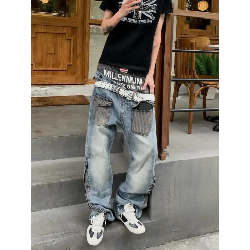 Men's Patchwork Design Jeans 90s Casual Pants Young Boys Straight High Waist Sweatpants Male Wide Leg Fashion Street Trousers