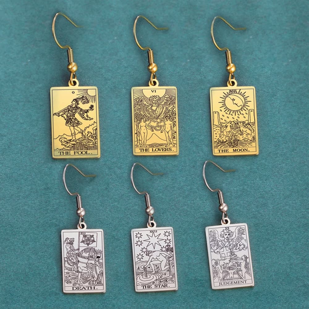 Orecchini pendenti classici in acciaio inossidabile con carte dei tarocchi per le donne, sole, luna, stella, amanti, divinazione, gioielli dei tarocchi, regalo di compleanno