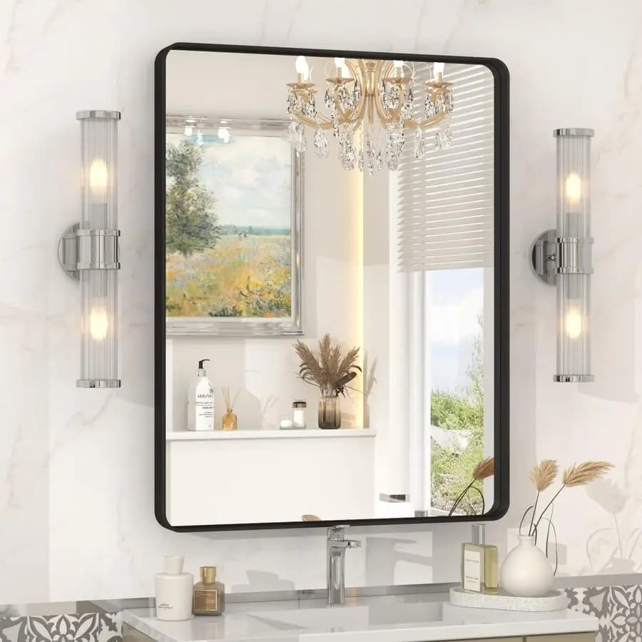 Specchio da bagno con cornice in metallo nero, specchio da toeletta nero opaco, specchio da bagno rettangolare arrotondato, antiruggine, infrangibile