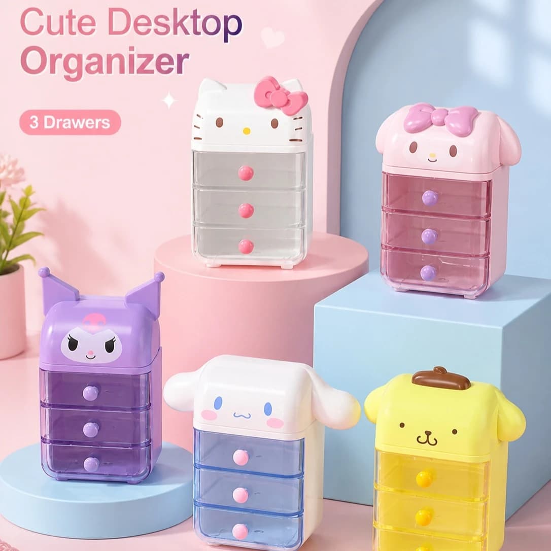 Hot Mini Drawer Storage Box Hellokitty My Melody Kuromi Transparent 3 Layer Desktop Cosmetic Organizer For Adult Women