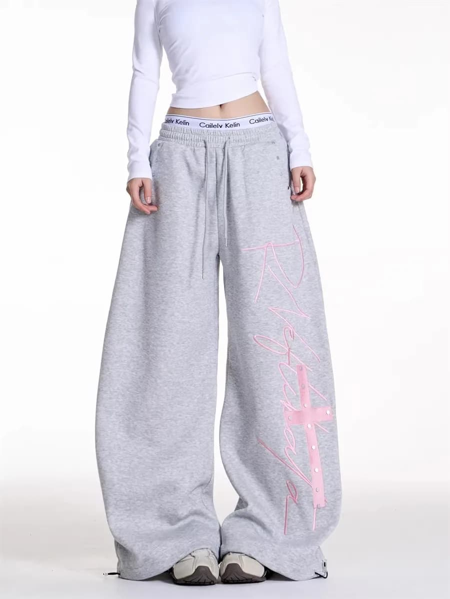Leggings Larghi Stile Americano, Pantaloni Sportivi Casual da Donna, Pantaloni a Gamba Larga Trendy per Primavera e Autunno, Design Patchwork