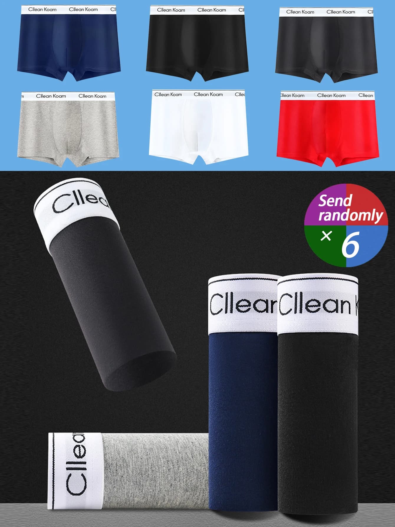 6-pack cotton underwear men's graphene antibacterial mid waist flat angle pants, men's cotton solid color square angle pants