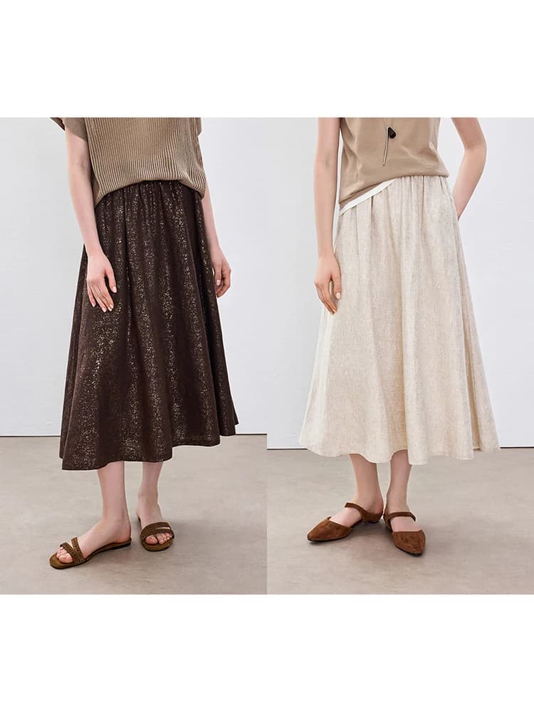 Gonna a Mezza Lunghezza in Lino Platino Traspirante con Elastico in Vita e Catena di Perline, Stile Cleanfit, Linea ad A, Moda Femminile per la Primavera
