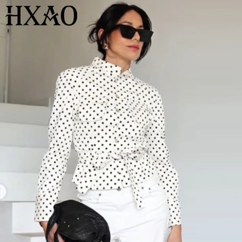 Giacca bomber da donna HXAO Crop Polka Dot Primavera 2026 con cintura, tasche e bottoni, a maniche lunghe, nuova collezione per esterni