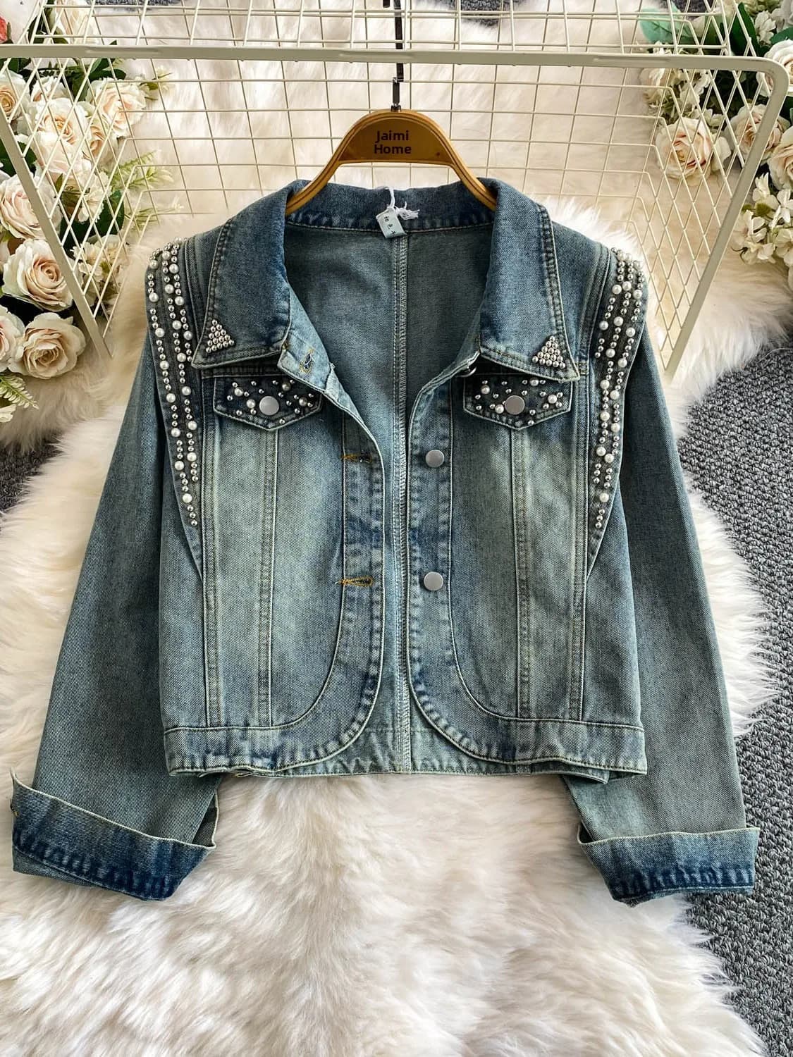 Fashionable Long Sleeve Heavy Embellished Denim Jacket Women's Spring Autumn Loose Slimming Casual Style Buttonless Coat