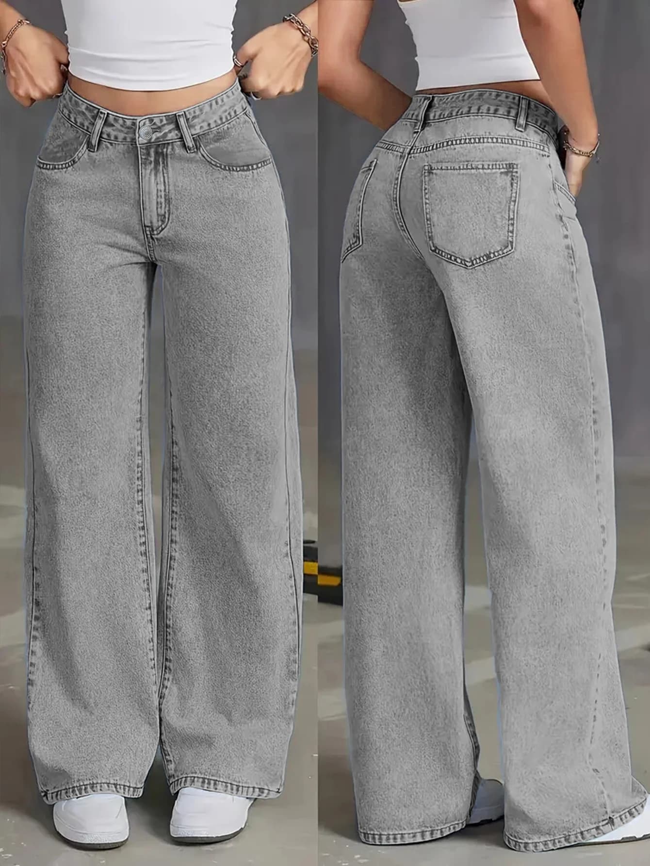 Nuovi jeans da donna autunnali a gamba larga a vita alta: jeans lavati grigio chiaro, larghi e alla moda, adatti per abbigliamento casual