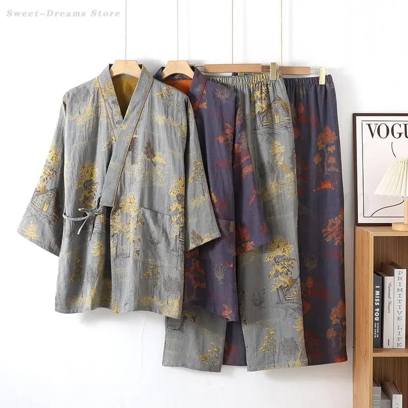 Autumn New Japanese Style Kimono Pajamas Set Men's Cotton Printed Sleepwear Loose Casual Home Wear V-Neck Nightwear Loungewear