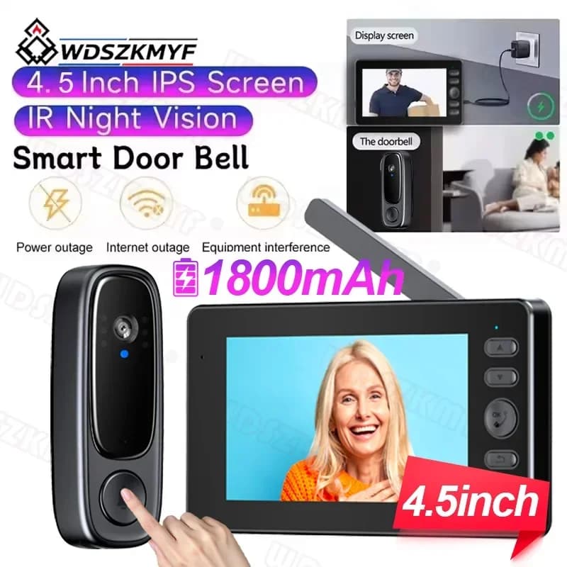 Wireless Doorbell Camera 1080P Video Intercom Doorbell 4.5in IPS Screen Home Security Door Bell IR Night Vision door Bell