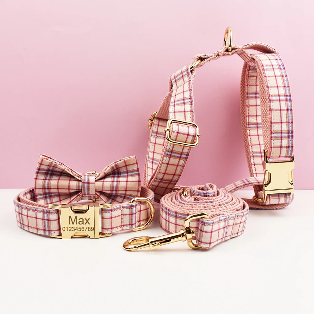 Set Collare e Guinzaglio per Cani a Quadretti Rosa con Targhetta Personalizzata, Accessori per Animali Domestici, Guinzaglio per Cani Personalizzato, Pettorina per Cani