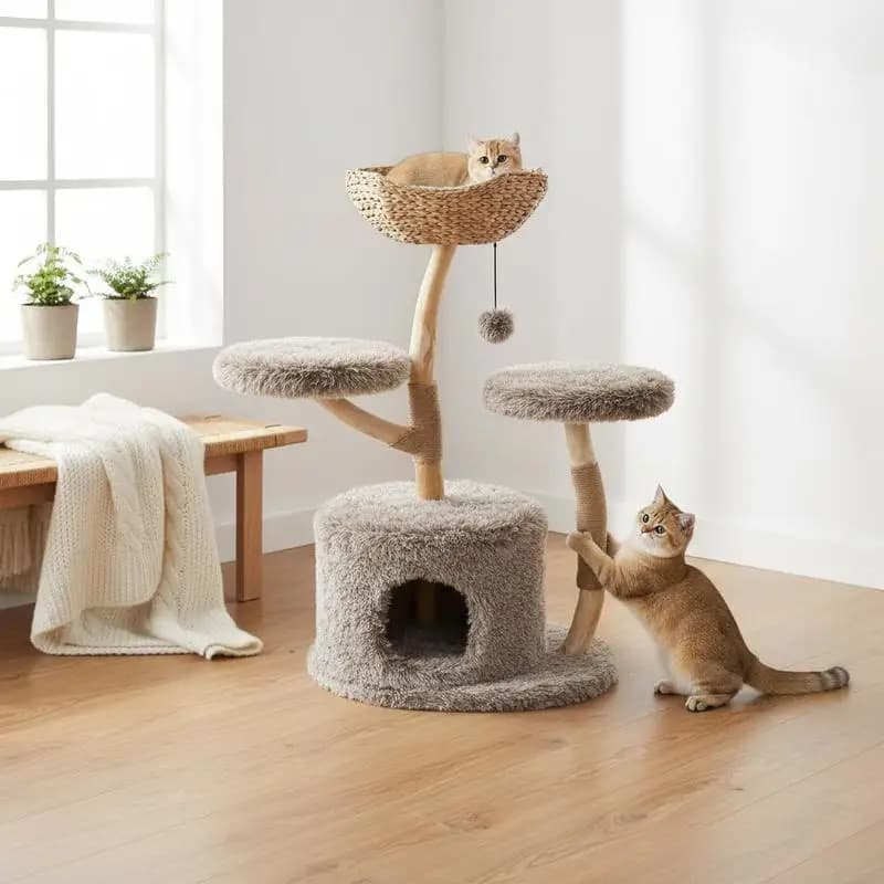 Wood Cat Tree Solid Pear Cat Tree with Perch and Sisal Scratching Posts-Brown