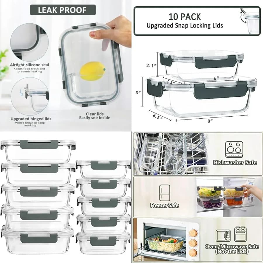 Set da 10 Contenitori in Vetro per Preparazione Pasti con Coperchi, Contenitori MCIRCO per Conservazione Alimenti con Chiusura Ermetica, Contenitori per Pranzo