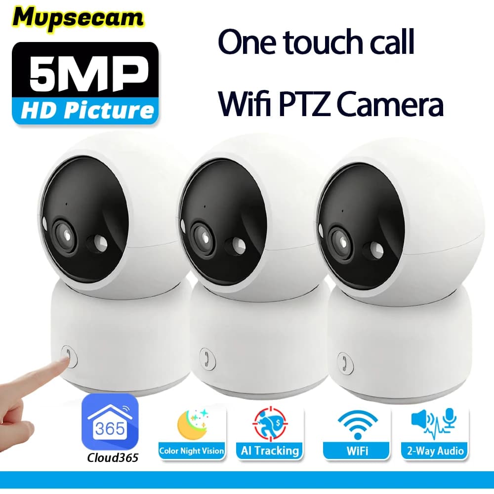 5MP 2K Smart Home Wifi PTZ Security Auto Tracking Camera Baby Monitor 2 Way Audio One Touch Call CCTV Video Surveillance Camera