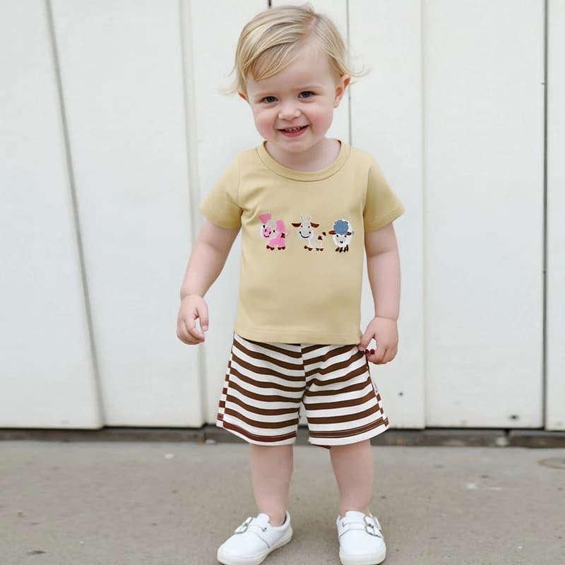 Adorabile set di t-shirt a maniche corte con stampa di animali da fattoria per bambini e pantaloncini a righe per abiti estivi - Abbigliamento carino da 2 pezzi