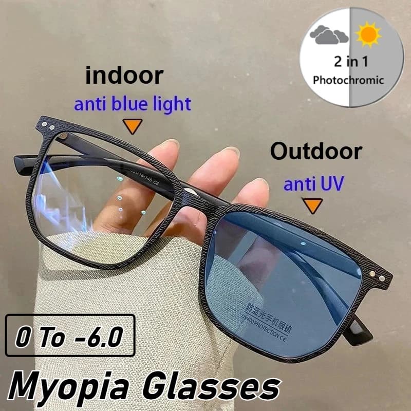 Luxury Photochromic Myopia Glasses for Women Men Fashion Square Frame Nearsighted Eyeglasses Finished Outdoor Sunglasses Eyewear