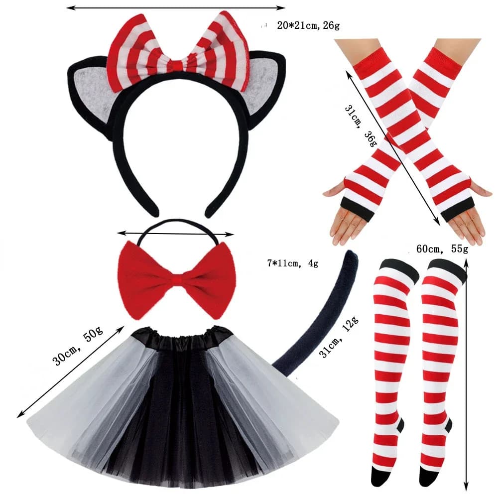 Costume da gatto per bambina, vestito con orecchie di animale, cappello a cilindro, fascia per capelli, gonna tutu, coda di papillon, calzini a righe, guanti lunghi, set, festa cosplay