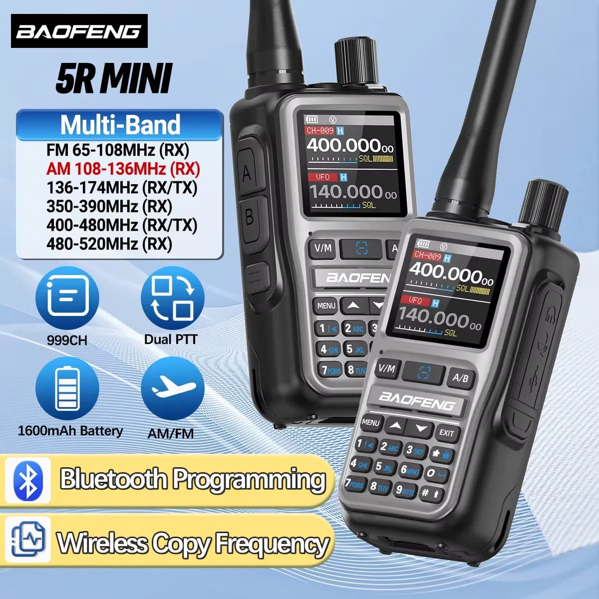 Baofeng 1/2PCS UV-5R Mini Walkie-Talkie NOAA Bluetooth Programmabile Ricarica USB-C Copia Frequenza Wireless AM FM Full Band Ricetrasmittente