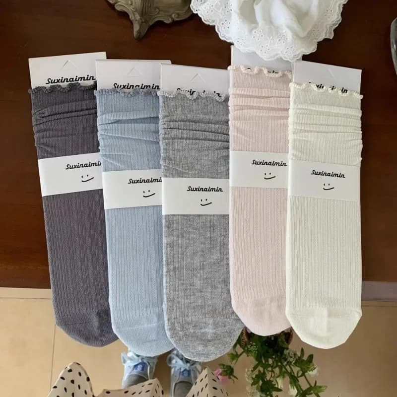 Calze Lunghe Sottili e Traforate per Donne, Stile JK Lolita, Colore Unito, Traspiranti in Cotone, Primavera-Estate