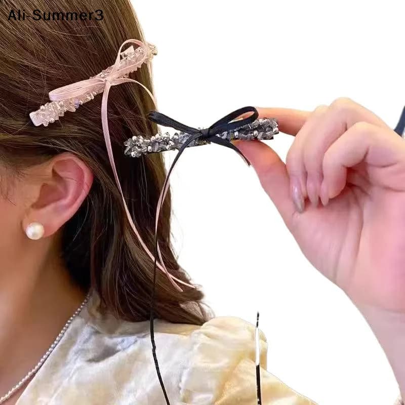 【】1Pc 2026 New Women Girls Crystal Ribbon Bow Hair Clip Hair Jewelry Accessories Hair Bangs Clip Duckbill Clip