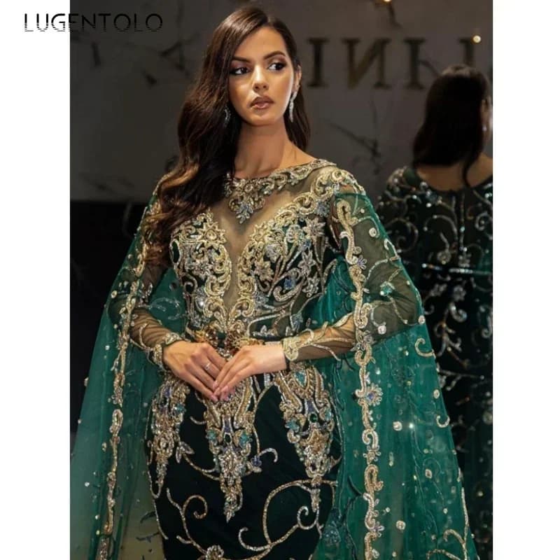 Women Sexy Dress Party Shiny Shawl Perspective Slim Empire Long Sleeve Female New Elegant Banquet Maxi Clothing