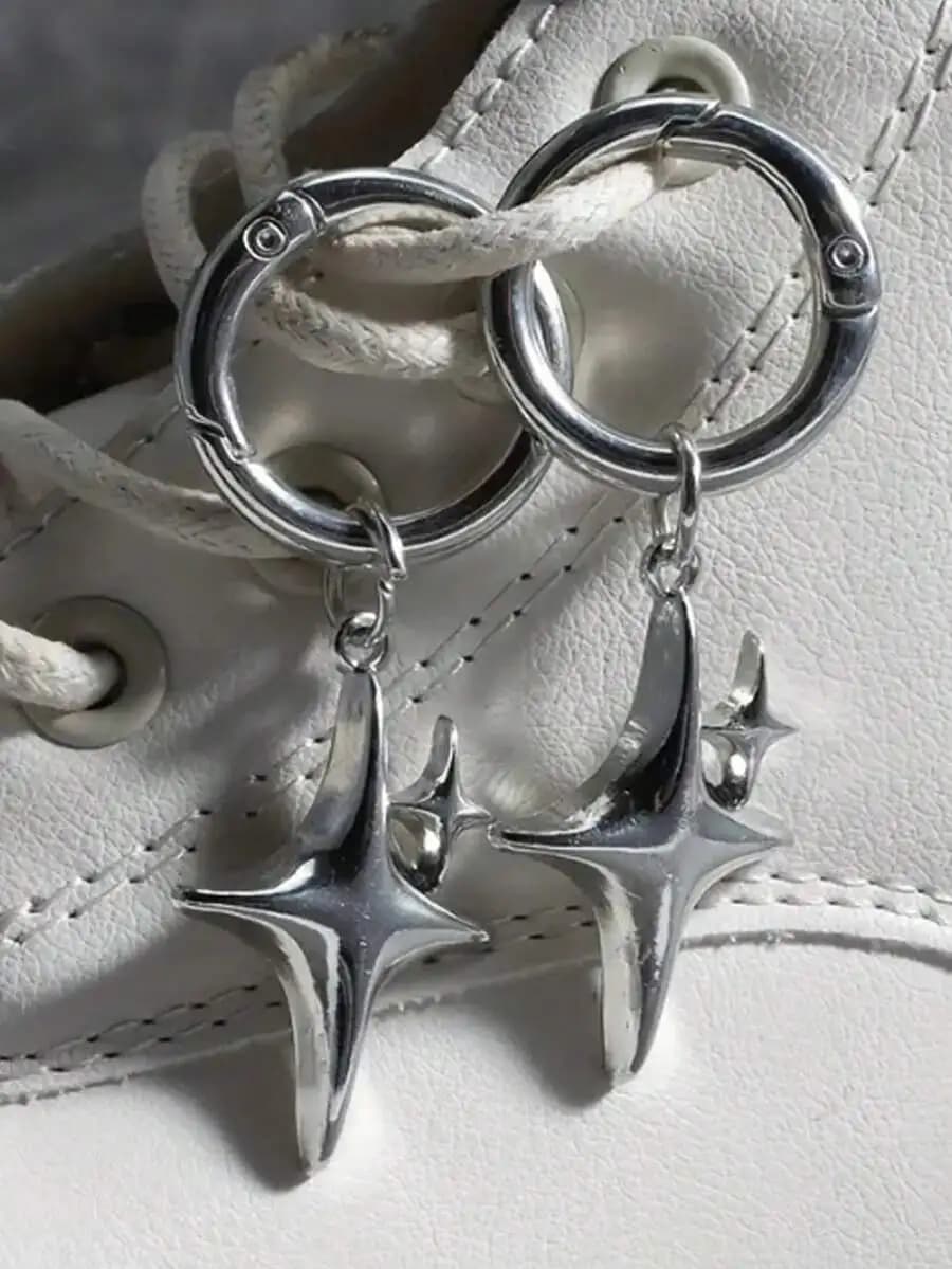 2pcs Polished Metal Gothic Star Shoe Charms With Snap Hooks, Removable Punk-Style Decor For Sneakers And Boots