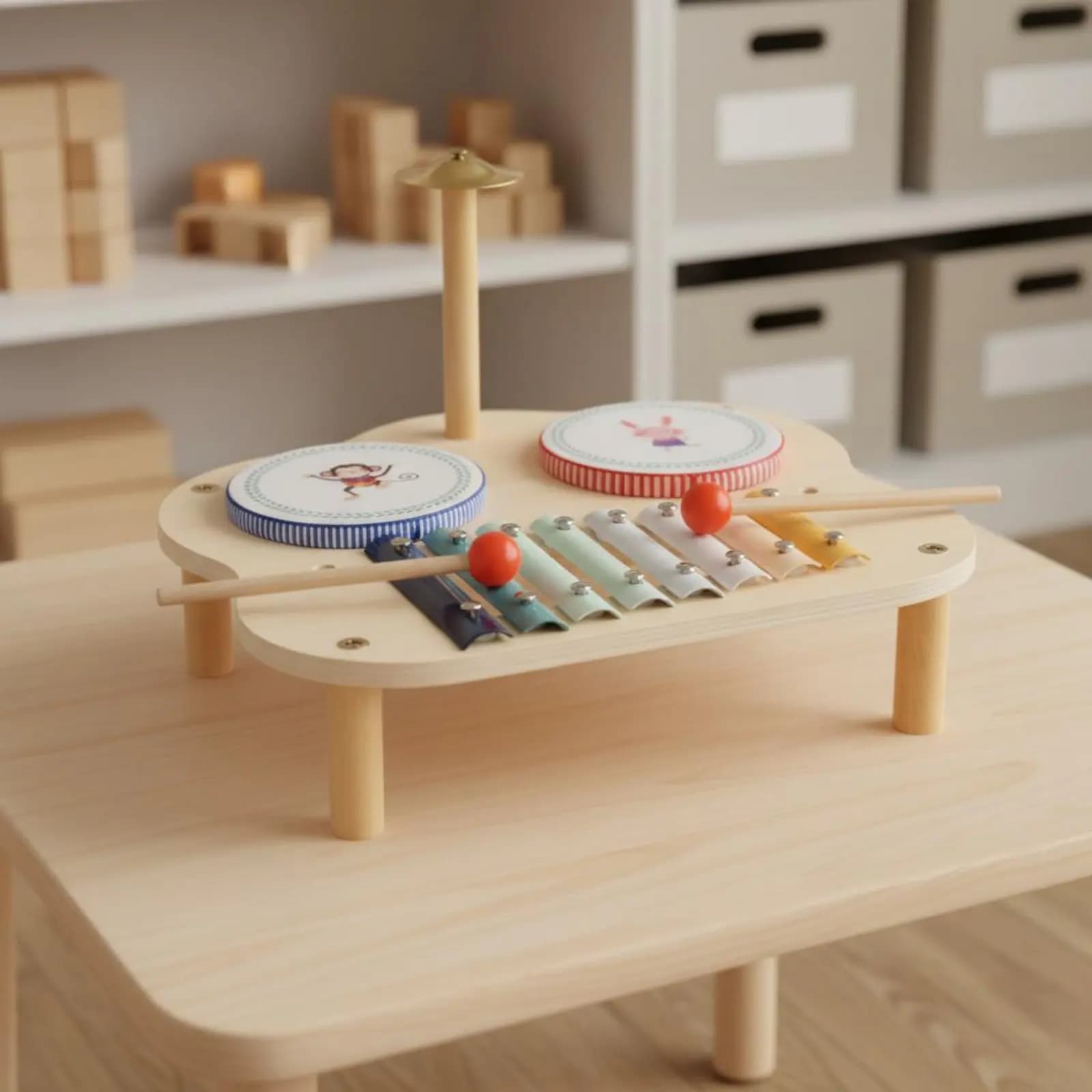 Stazione Musicale in Legno per Bambini: Xilofono, Tamburo e Piatti - Giocattolo Educativo per la Prima Infanzia e Percussioni