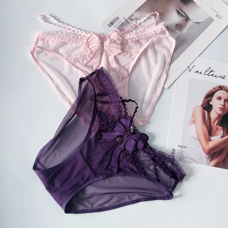 Cross Belt Bow Mesh Cute Panties Women's Soft Thin Transparent Sexy Underwear Cotton Crotch Hollowed Breathable Briefs Lingerie