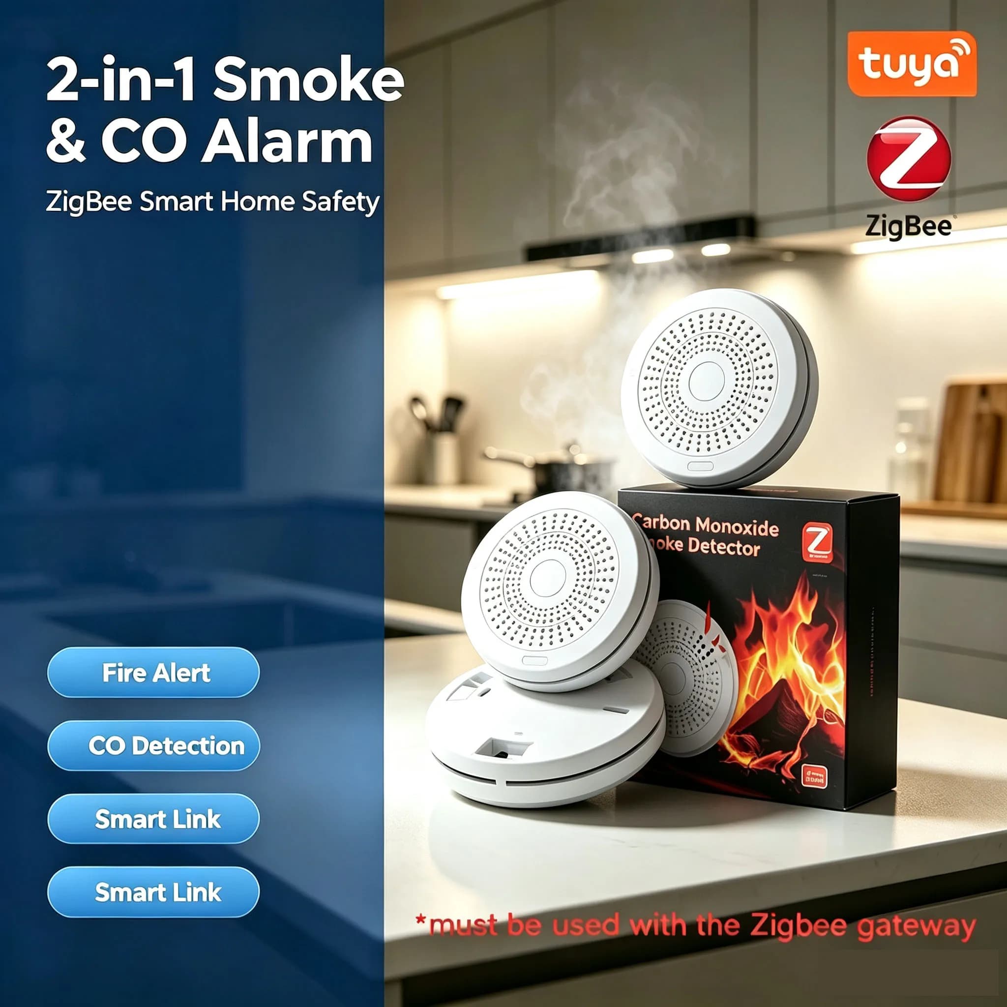 ZigBee 2-in-1 Smart Smoke & Carbon Monoxide Detector, Fire Sound Alarm Sensor, CO Gas Detector for Smart Home Security