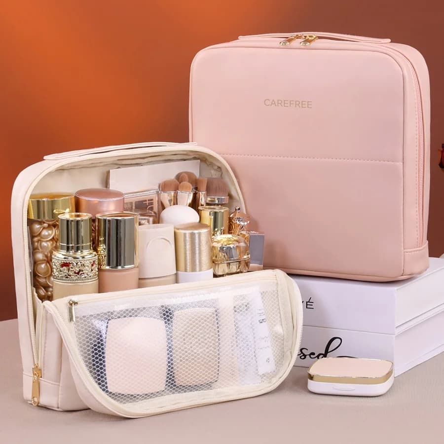 PU Standing Cosmetic Bag Organizer for Great Capacity Portable Dividing Cheats for Travel and Daily Use