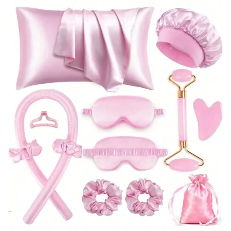 12pcs Sleeping Hair Styling Tool Combination, Including Curling Iron And Facial Massager, 1 Pillowcase for Light Beige Queen Set