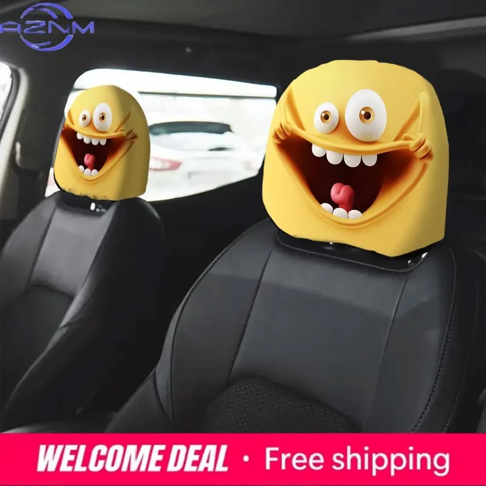 2 copri poggiatesta per auto con emoji divertenti gialli, estensibili, resistenti all'olio e alle macchie, accessori auto essenziali per i viaggi