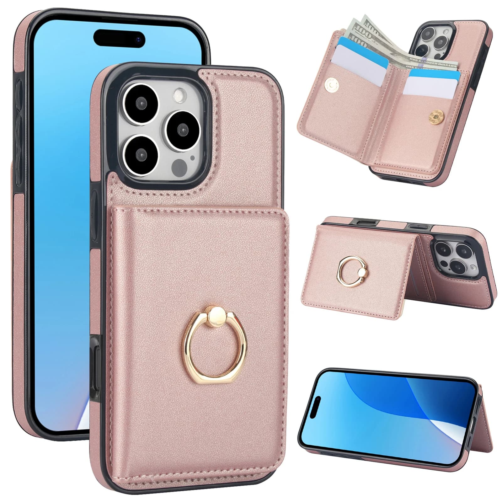 Ring Leather Wallet Case for iphone 16 Pro Max,16E,15 Plus,14,13,12 mini,11 Kickstand Card Holder Slot Cash Bag Shockproof Cover