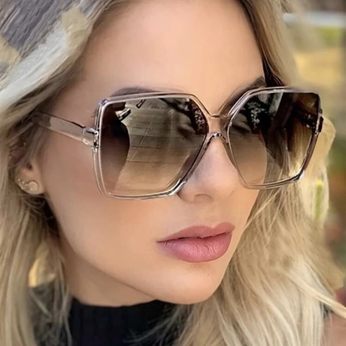 Clear Light Brown Hexagon Large Frame Sunglasses Gradient Tan Lens UV Protection Luxury Minimalist Oversized Decorative Sun Glasses for Daily Travel