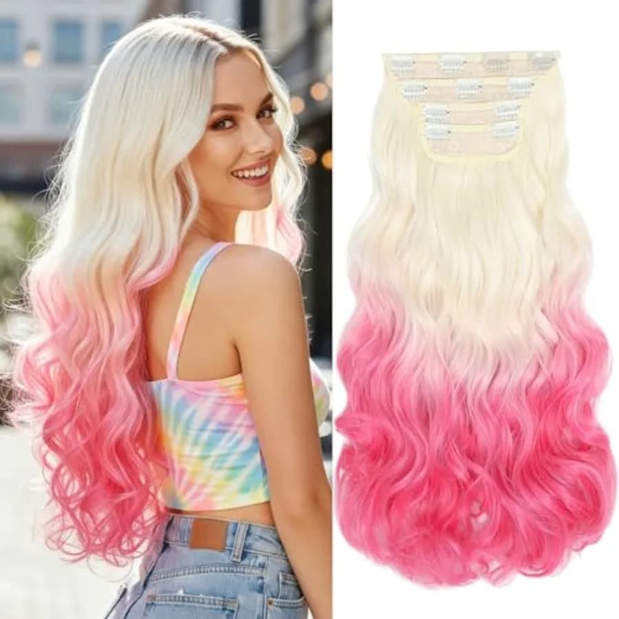 Blonde Pink Clip in Hair Extensions, 4 PCS Natural Soft Long Wavy Clip on Synthetic Hair Hairpieces Curly 20Inch Curly Thick Ha