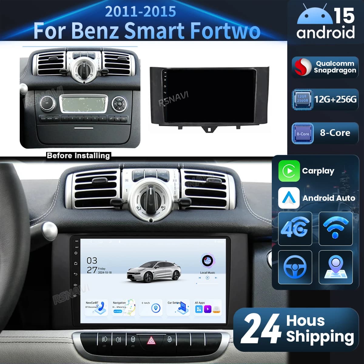 Qualcomm Snapdragon Android 15 Carplay Auto Car Radio Video player for Mercedes Benz Smart Fortwo 2010 - 2015 Stereo