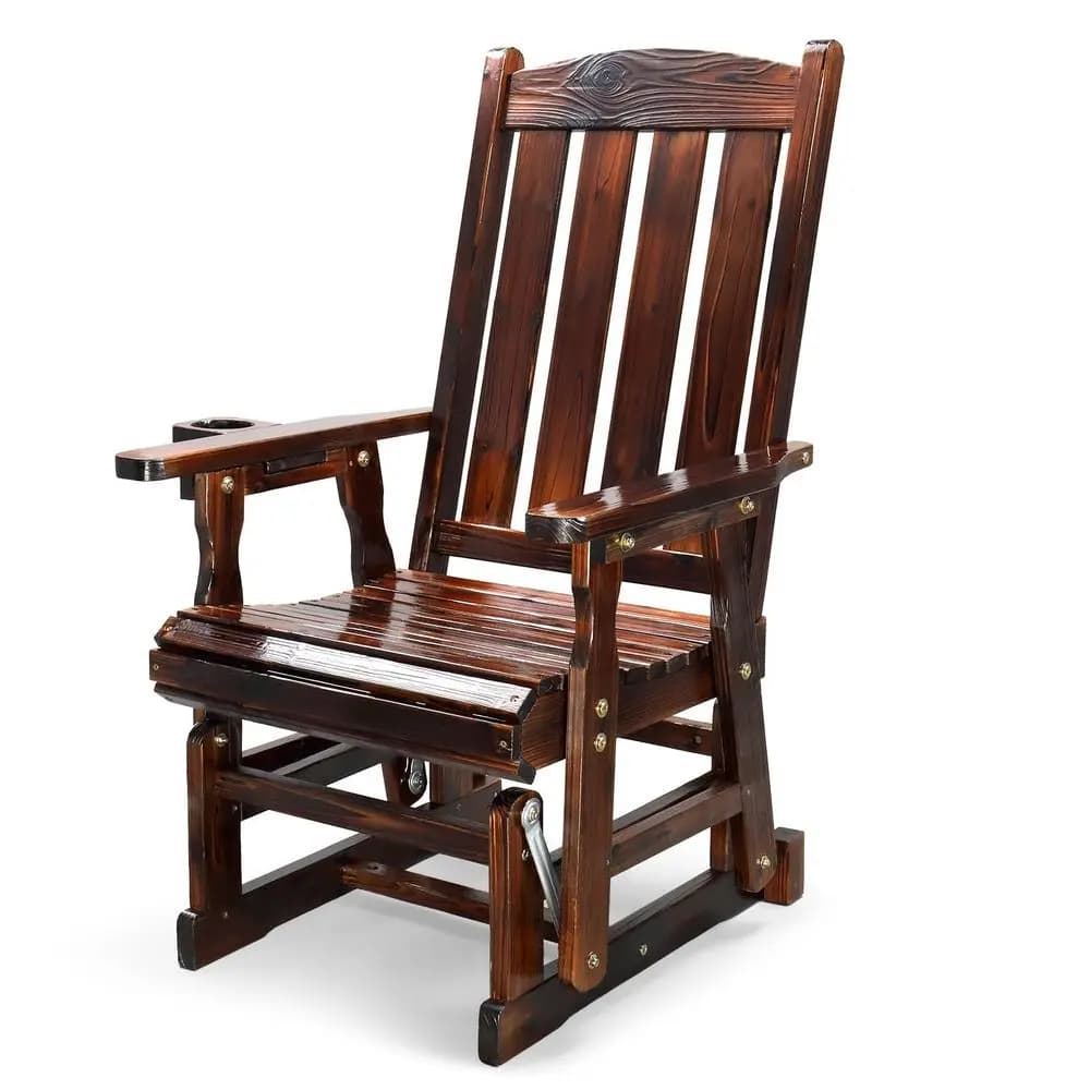 Sedia a dondolo da esterno in legno con portabicchieri, dondolo da veranda con meccanismo di dondolamento fluido, resistente fino a 272 kg, stile rustico