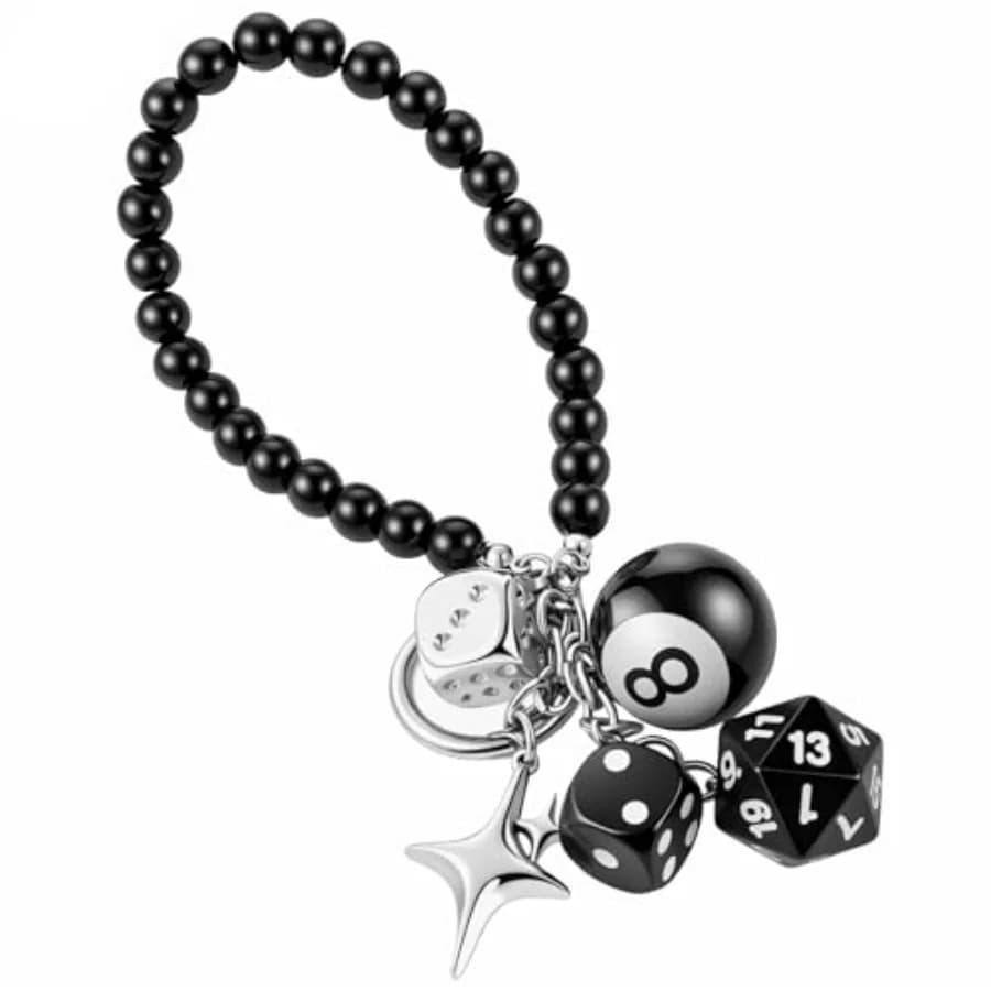 Ciondolo a forma di dado da biliardo 8, portachiavi e charm per borsa Y2K, ornamento estetico a forma di dado e stella per specchietto retrovisore auto e borsa a mano