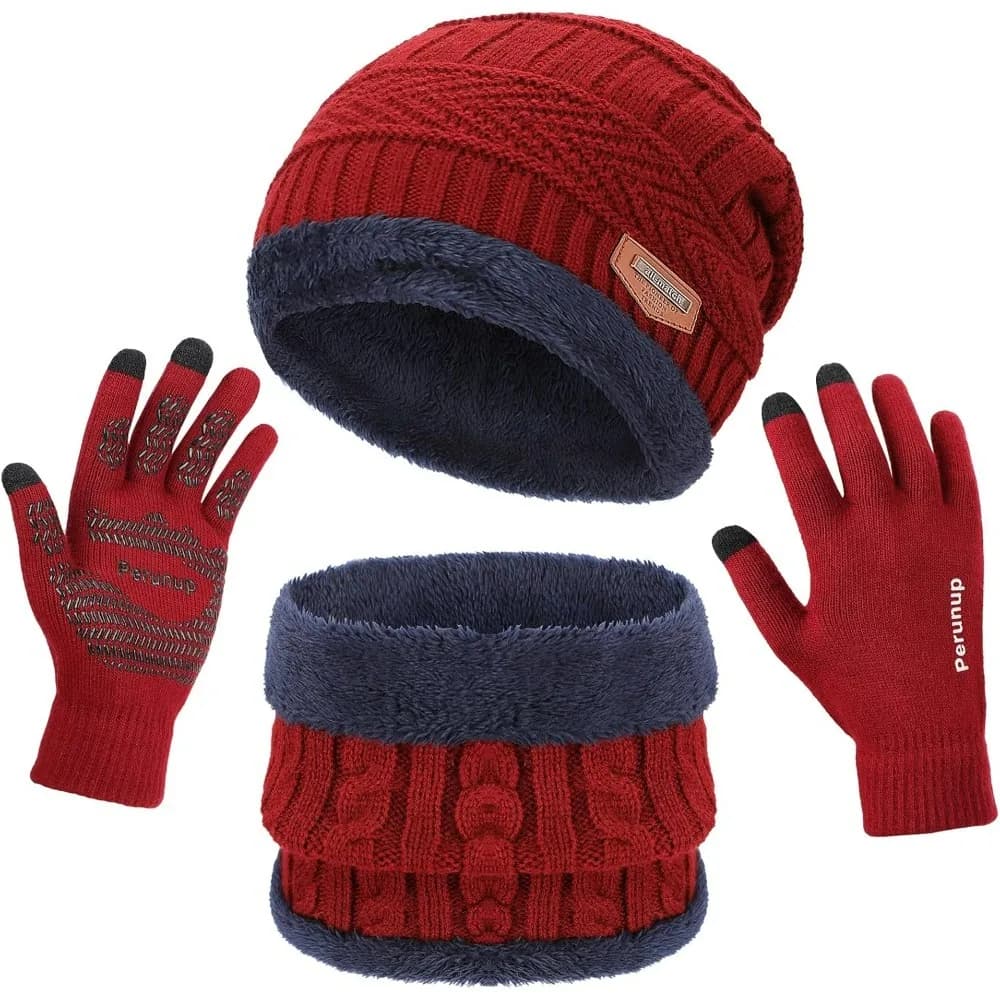 Cappelli a cuffia lavorati a maglia invernali da donna e guanti touchscreen Set di sciarpe lunghe con sciarpe con berretti a teschio foderati in caldo pile per donna