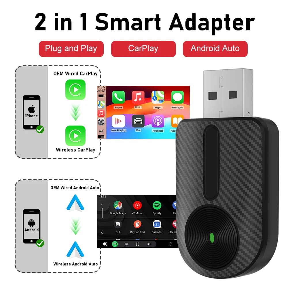 Carplay Android Auto Wireless Adapter 2 in 1 Carplay Adapter for Autoradio OEM with USB Plug and Play Wired to Carplay Wireless