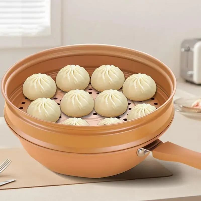 Iron Wok with Lid Nonstick Clay Wok Pan With Steamer Basket Miccro Pressure Wok Multifunctional Household Frying Pan Flat Bottom