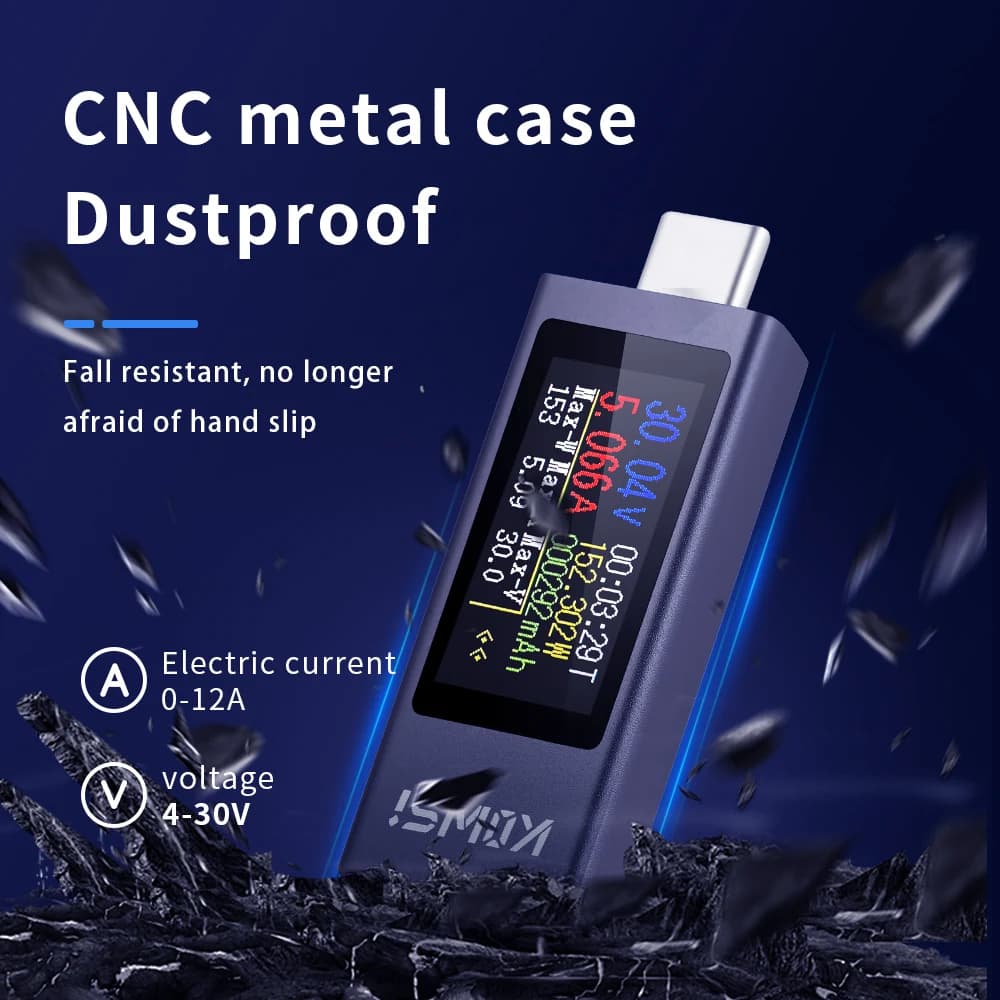 Type-C Multifunction Digital Display DC Voltage Amperometer Power Meter Charging Tester for Cell Phone Battery Test DC 4-30V 0-12A