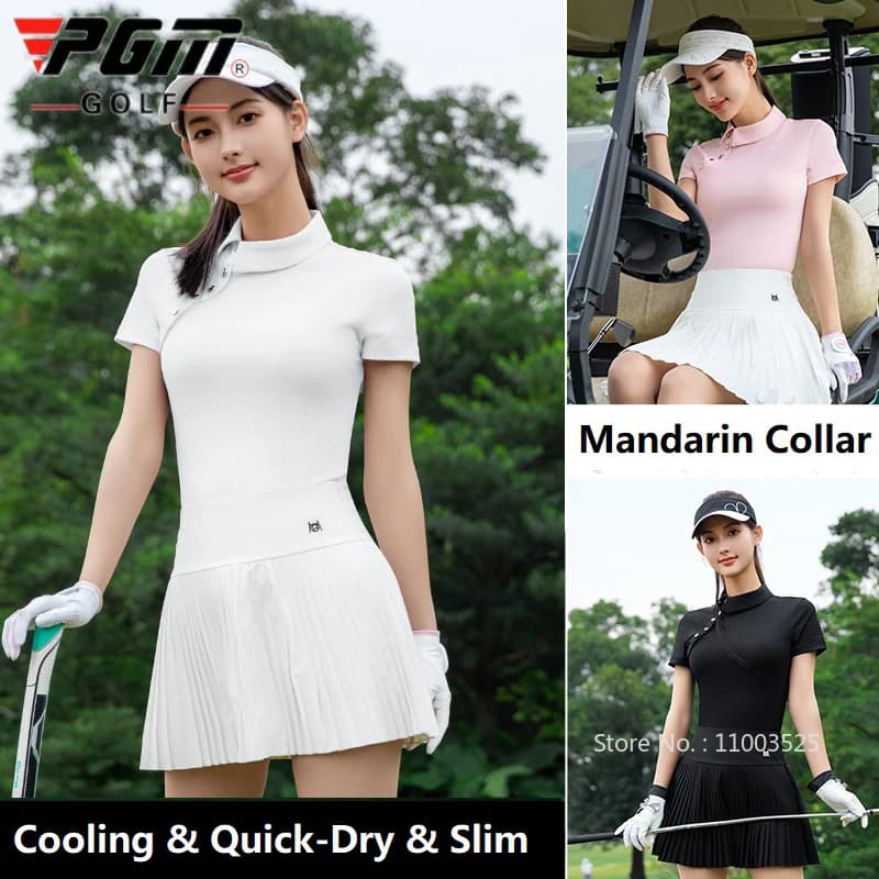 Pgm Nuova camicia cinese per donna Estate Retro Colletto alla coreana Top da golf Lady Camicia da golf chic a maniche corte T-shirt slim ad asciugatura rapida