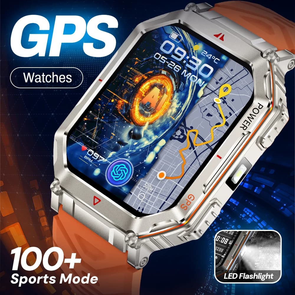 Smartwatch GPS KR92 per Uomo - Schermo HD da 2,01", 100+ Modalità Sportive, Torcia LED, Chiamate Bluetooth, Bussola e Monitoraggio dell'Altitudine